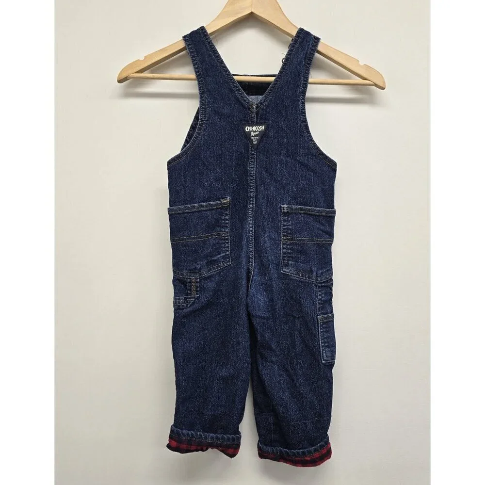 Oshkosh B’Gosh Bib Overalls Size 3T Plaid Cuffs Adjustable Straps Blue Denim